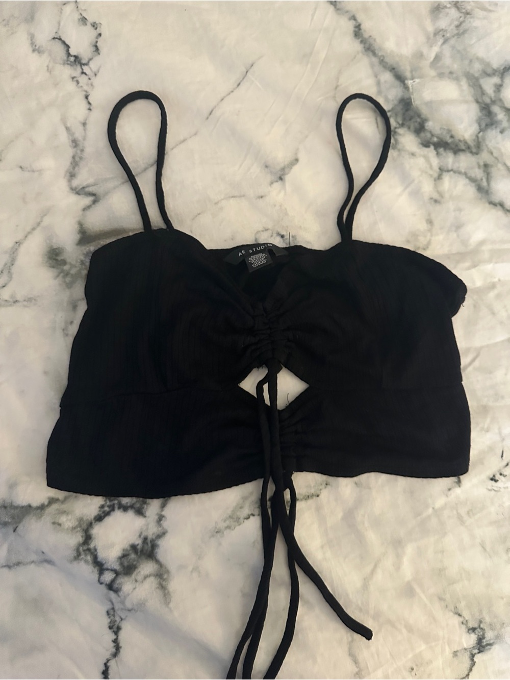 American Eagle Outfitters Black Ruched Tie-Front Crop Top